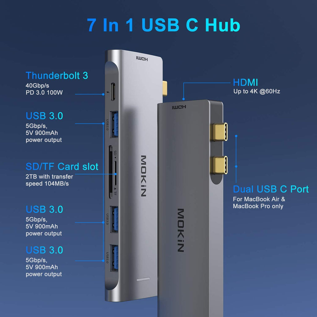 USB C Adapter for MacBook Pro Adapter, MacBook Pro USB Adapter MacBook Pro HDMI Adapters with 3 USB 3.0, 4K@60Hz HDMI, TF/SD, USB-C Thunderbolt 3 100W