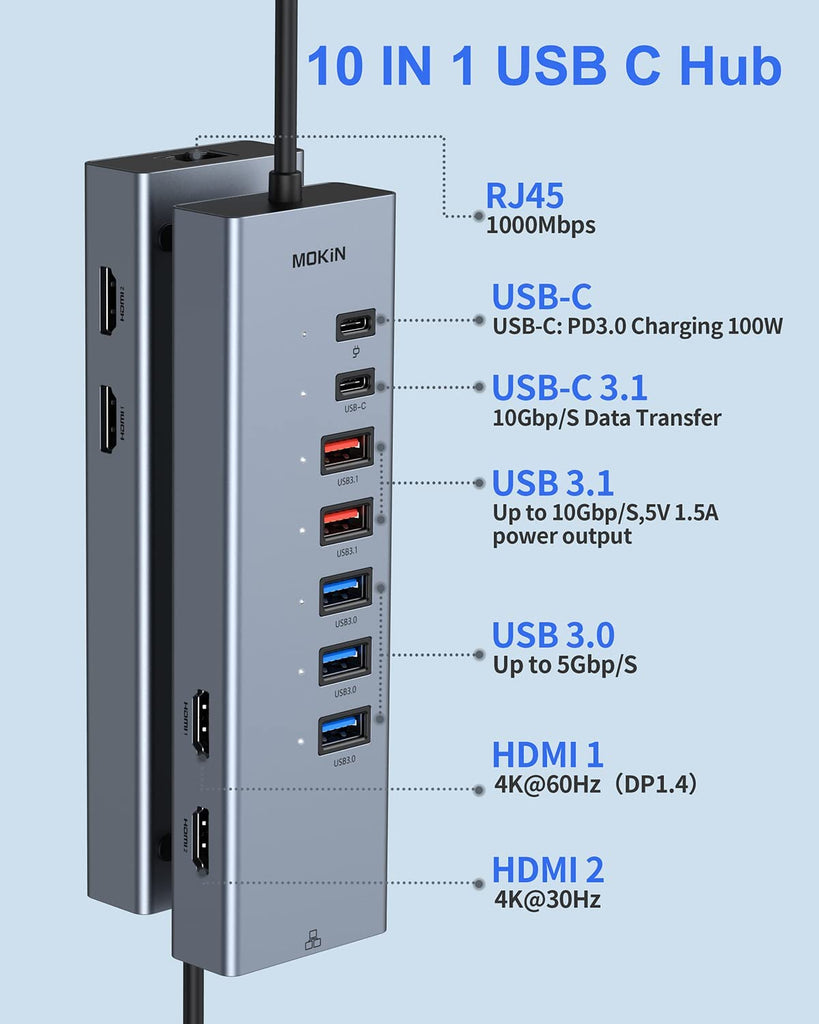 USB C Docking Station, 10 in 1 Laptop Docking Station Dual Monitor, USB C to Dual HDMI Adapter Dongle with 2 HDMI, Ethernet, 2 USB 3.1 10Gbps, 3 USB 3.0, USB C Data and PD for HP/Dell/Lenovo/MacBook