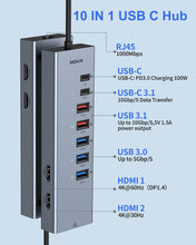 Load image into Gallery viewer, USB C Docking Station, 10 in 1 Laptop Docking Station Dual Monitor, USB C to Dual HDMI Adapter Dongle with 2 HDMI, Ethernet, 2 USB 3.1 10Gbps, 3 USB 3.0, USB C Data and PD for HP/Dell/Lenovo/MacBook