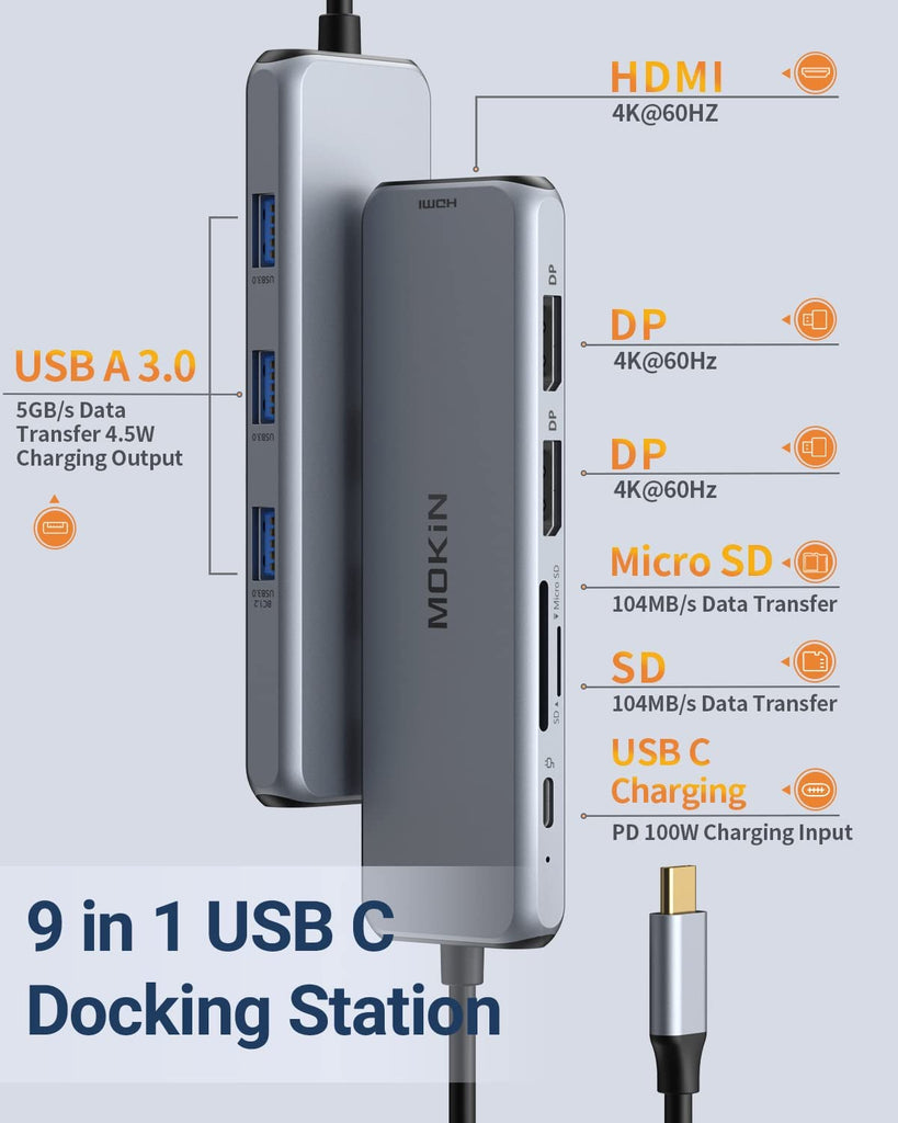 USB C Docking Station Dual DisplayPort, MOKiN USB C Hub Dongle with 2 DP, HDMI, 3 USB A 3.0, SD & Micro SD Slot, PD Charging Port for MacBook/Dell XPS/Steam Deck/HP/Lenovo ThinkPad/ Microsoft Surface