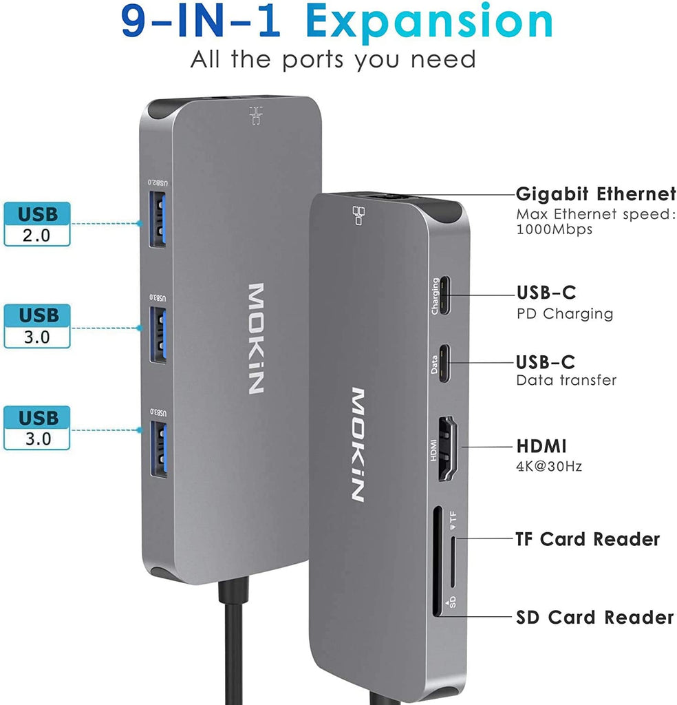 USB C Adapters for MacBook Pro/Air,Mac Dongle with 3 USB Port,USB C to HDMI, USB C to RJ45 Ethernet,MOKiN 9 in 1 USB C to HDMI Adapter,100W Pd Charging, USB C to SD/TF Card Reader USB C Hub