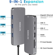 Load image into Gallery viewer, USB C Adapters for MacBook Pro/Air,Mac Dongle with 3 USB Port,USB C to HDMI, USB C to RJ45 Ethernet,MOKiN 9 in 1 USB C to HDMI Adapter,100W Pd Charging, USB C to SD/TF Card Reader USB C Hub