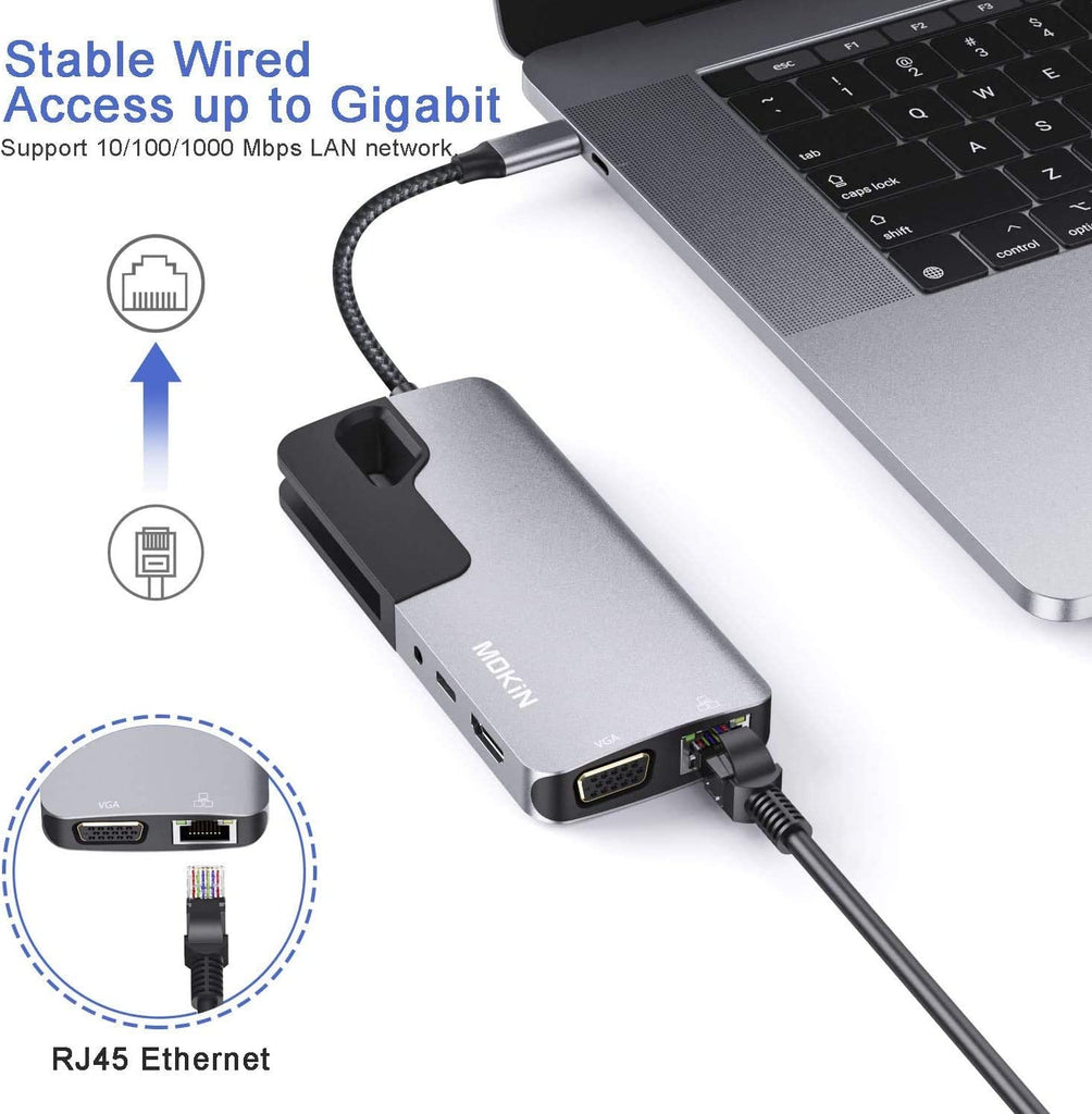 USB C Hub Adapter for MacBook Pro, Thunderbolt 3 Adapter,10-in-1 USB C Dongle with Gigabit Ethernet, USB C to HDMI VGA Adapter,100W Power Delivery,3 USB 3.0, SD TF Card Reader-Through Port Adapters.