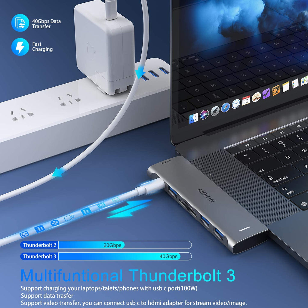 USB C Adapter for MacBook Pro Adapter, MacBook Pro USB Adapter MacBook Pro HDMI Adapters with 3 USB 3.0, 4K@60Hz HDMI, TF/SD, USB-C Thunderbolt 3 100W