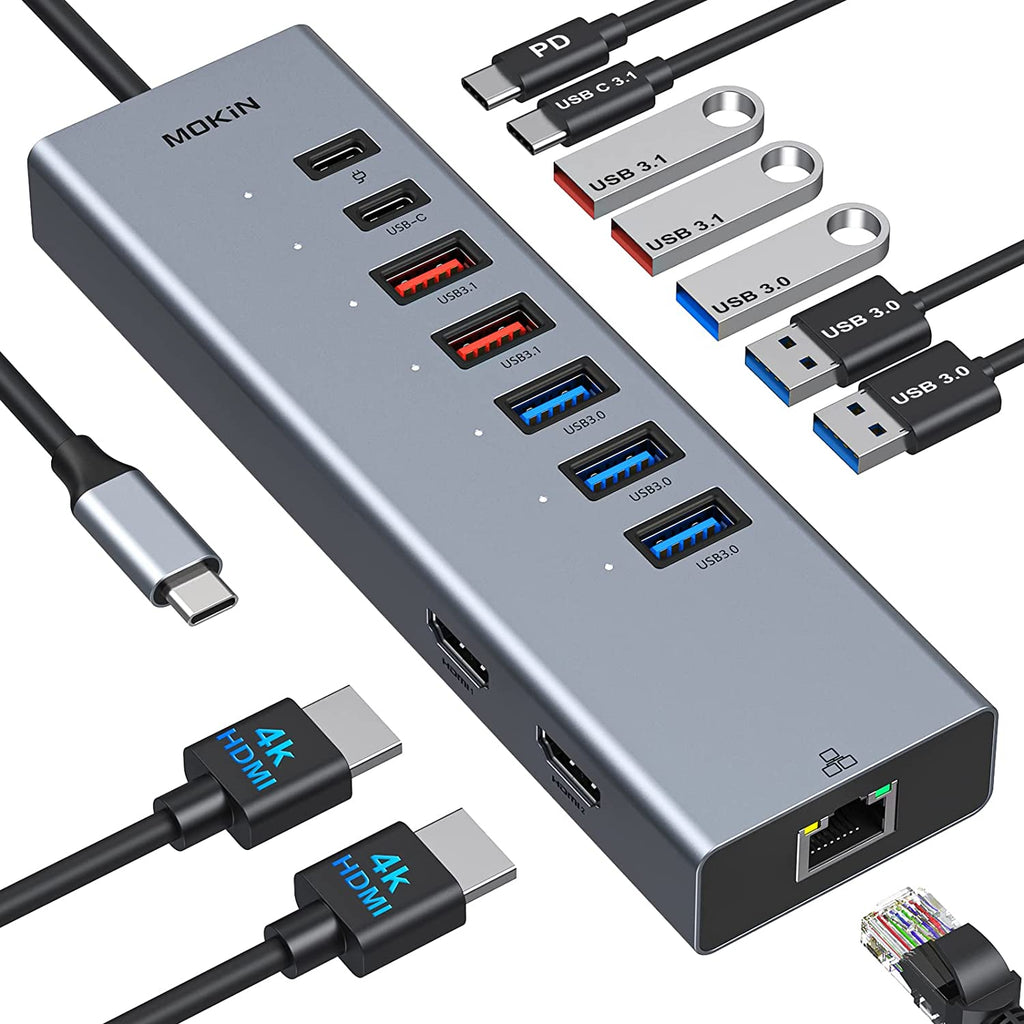 USB C Docking Station, 10 in 1 Laptop Docking Station Dual Monitor, USB C to Dual HDMI Adapter Dongle with 2 HDMI, Ethernet, 2 USB 3.1 10Gbps, 3 USB 3.0, USB C Data and PD for HP/Dell/Lenovo/MacBook