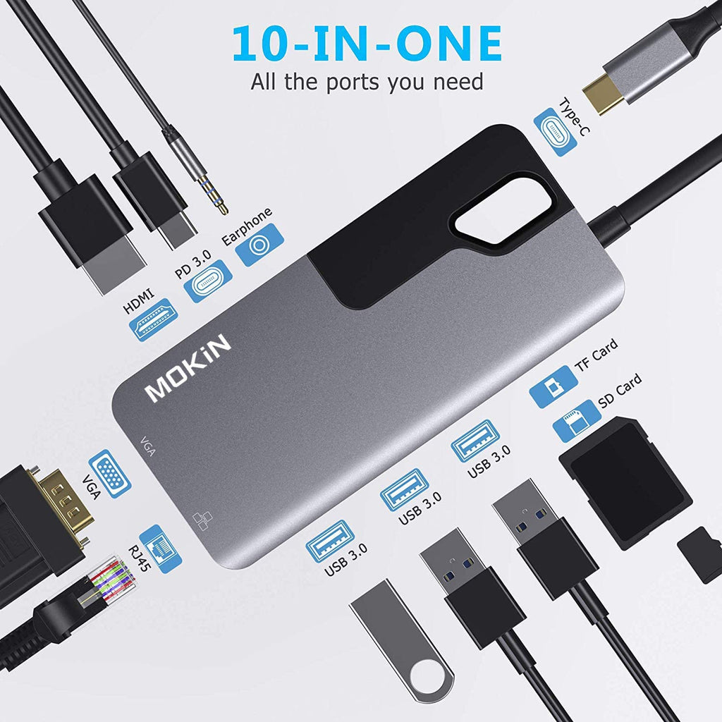 USB C Hub Adapter for MacBook Pro, Thunderbolt 3 Adapter,10-in-1 USB C Dongle with Gigabit Ethernet, USB C to HDMI VGA Adapter,100W Power Delivery,3 USB 3.0, SD TF Card Reader-Through Port Adapters.