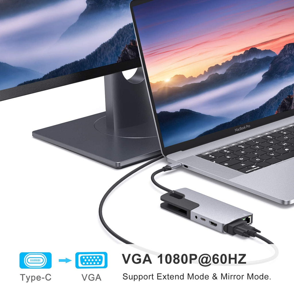 USB C Hub Adapter for MacBook Pro, Thunderbolt 3 Adapter,10-in-1 USB C Dongle with Gigabit Ethernet, USB C to HDMI VGA Adapter,100W Power Delivery,3 USB 3.0, SD TF Card Reader-Through Port Adapters.