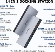 Load image into Gallery viewer, USB C Docking Station, Dual DisplayPort and HDMI Triple Display 3 Monitors, 14 in 1 Hub with HDMI and 2 DP, 100W PD Charging, 2 USB-C (10 Gbps),3 USB 3.0 (5 Gbps),Ethernet, SD, Audio for Windows, Mac