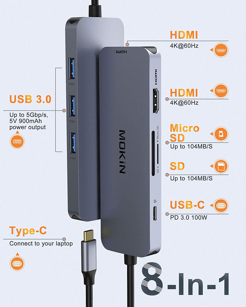 USB C to Dual HDMI Adapter, USB C Docking Station Dual Monitors for Windows,USB C Adapter with Dual HDMI,3 USB Port,SD/TF, PD Port Compatible for Dell XPS 13/15, Lenovo Yoga,etc