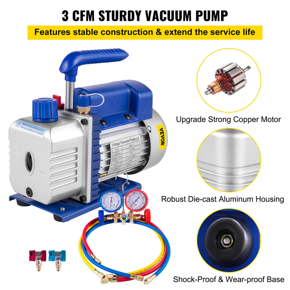 3 CFM Vacuum Pump Manifold Gauge Set HVAC + R134a Air Conditioner Repair Combo