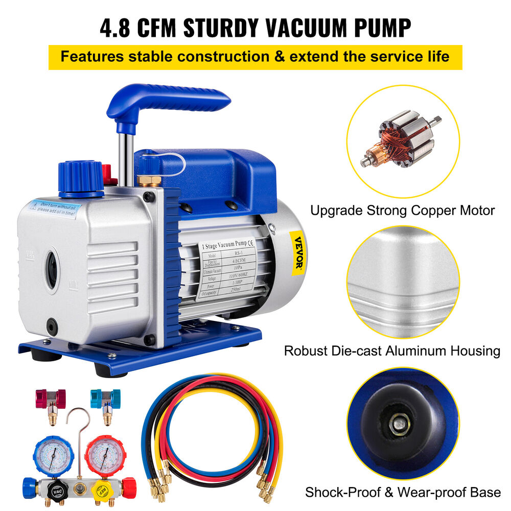 4.8 CFM Vacuum Pump Manifold Gauge Set Combo HVAC + R134a R410a R22 Refrigerant