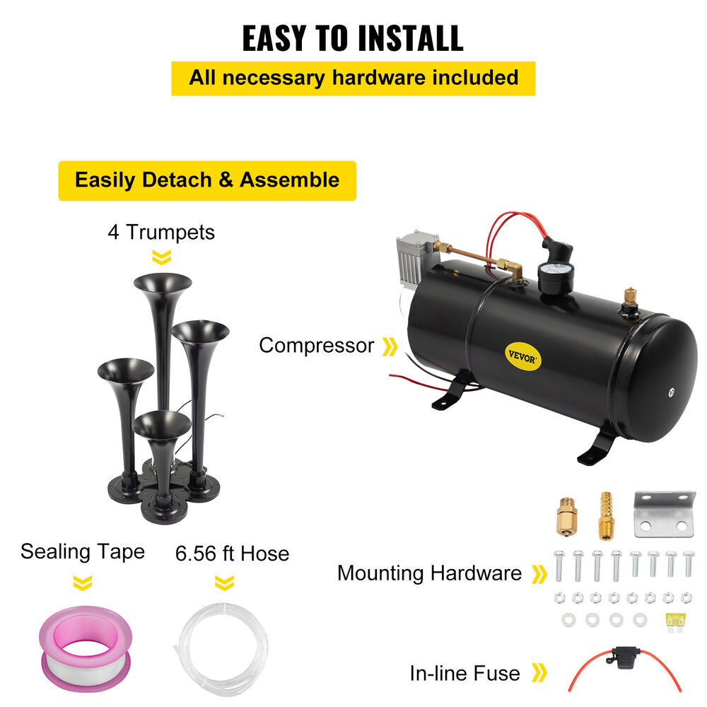 OEM Use 4-Trumpet Train Air Horn Kit 150PSI Air System 12V Air Compressor Truck