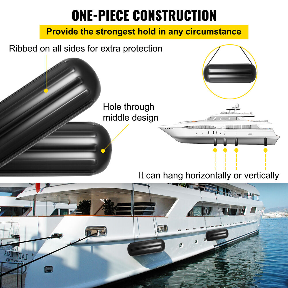 4 NEW Ribbed Boat Fenders 10" x 28" Black Center Hole Bumpers Mooring Protection