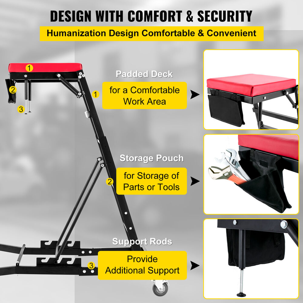 400Lbs Foldable Topside Creeper Adjustable Height Movable Ladder With 4 Wheels