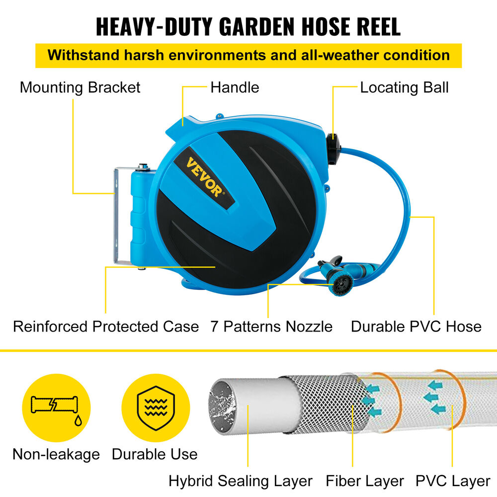 100' Garden Water Hose Reel 1/2" Retractable Auto Rewind Wall Mounted w/Spay Gun